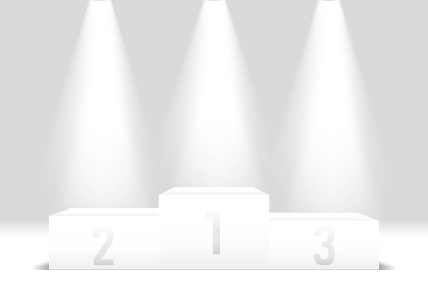 Ilustración, 3d, pedestal de ganadores blancos, podio bajo focos brillantes. Fondo deportivo, vector - Vector, imagen