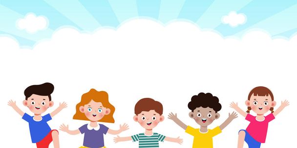 Happy Kids játszik Kültéri banner Sablon háttér, gyerekek ugrás együtt, hirdetési prospektus, a szöveg, lapos Vicces rajzfilm elszigetelt vektor Illusztráció - Vektor, kép