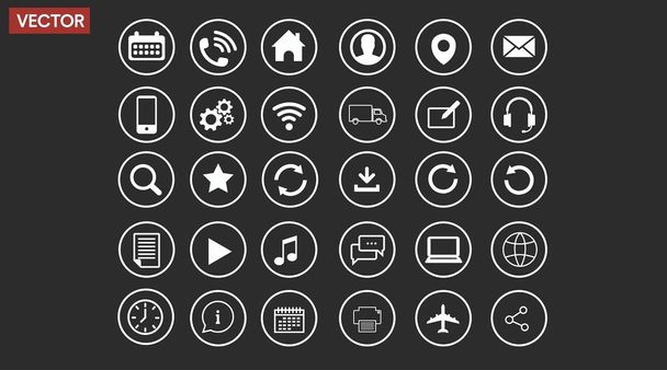Contact, App or Web Icon Set. Black and White Illustration of Different icons - Vetor, Imagem