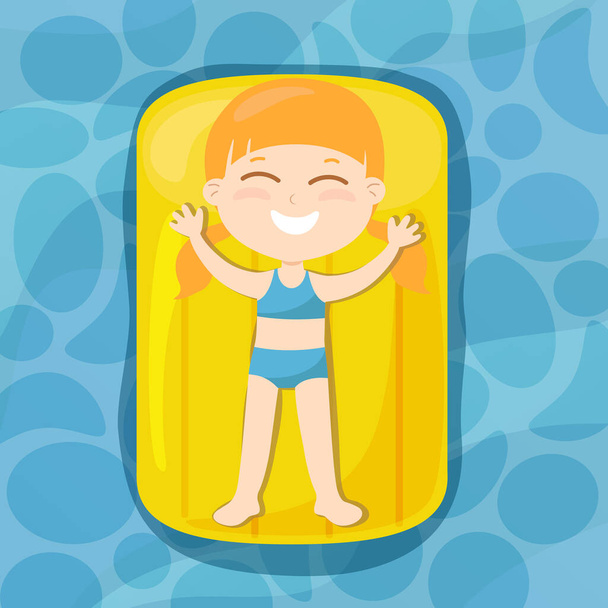 Το κορίτσι βρίσκεται και επιπλέει σε ένα φουσκωτό στρώμα πάνω στο νερό στην πισίνα ή στη θάλασσα. Cartoon επίπεδη στυλ καλοκαιρινές διακοπές και διασκέδαση. Το παιδί είναι χαρούμενο και χαρούμενο. - Διάνυσμα, εικόνα