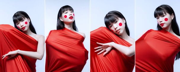 Callage. Portraits of young beautiful Japanese woman, dancer performing in red fabric isolated over blue background - 写真・画像