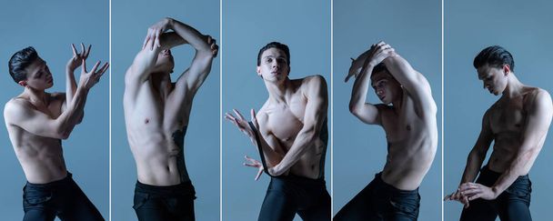 Collage. Portrait of sportive flexible man, ballet dancer performing, dancing isolated over blue studio background - Фото, изображение