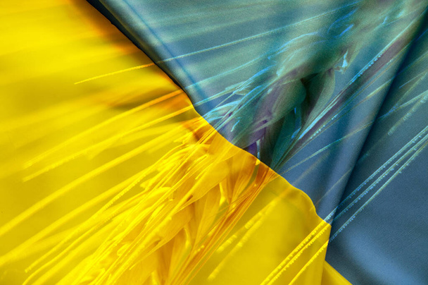Trigo no campo contra o fundo da bandeira nacional da Ucrânia amarelo-azul, colheita na Ucrânia, paz no país - Foto, Imagem