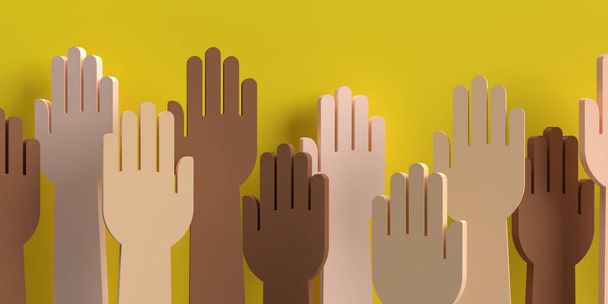 Diverse Raised hands Unity concept: 3D render colored skin, arms up. Volunteering charity, party, votes flyer, donation, banner team, help, friends. Illustration on yellow background, copy space - Photo, Image