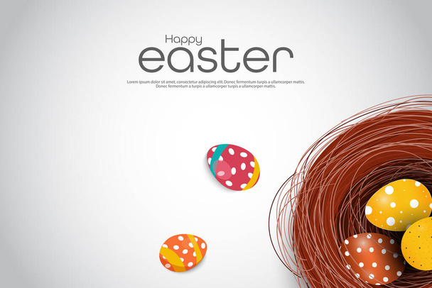 Illustration vectorielle de l'affiche et du modèle de bannière de Pâques avec des œufs de Pâques dans le nid sur fond blanc. Modèle de conception de célébration de Pâques pour la promotion et les achats. - Vecteur, image