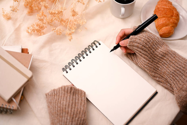 Vista dall'alto, blogger donna in maglione accogliente scrivere qualcosa sul blocco note a spirale vuoto alla sua scrivania ufficio minimale e accogliente. - Foto, immagini