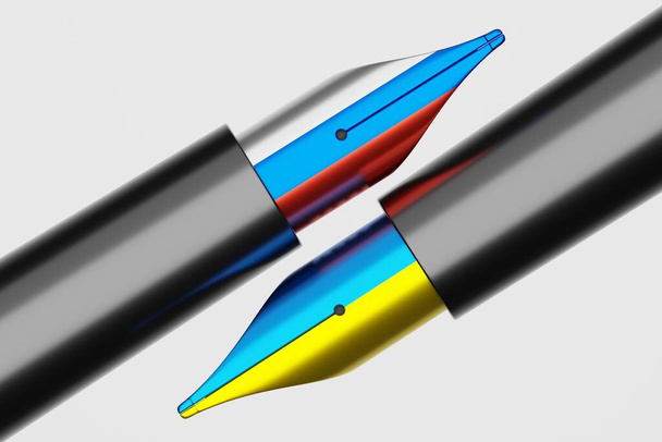 3D rendering Fontein pen Oekraïne en Rusland vlag patroon kleur, diplomatie en pers crisis oorlog concept ontwerp illustratie geïsoleerd op witte achtergrond met kopieerruimte - Foto, afbeelding