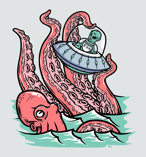octopus attacks ufo crossing the sea illustration - Vektor, obrázek