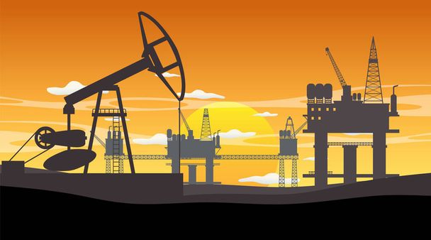 Έννοια της πετρελαϊκής βιομηχανίας με απεικόνιση υπεράκτιας πλατφόρμας πετρελαίου - Διάνυσμα, εικόνα