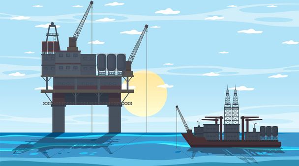 オフショア石油プラットフォームのイラストと石油業界の概念 - ベクター画像