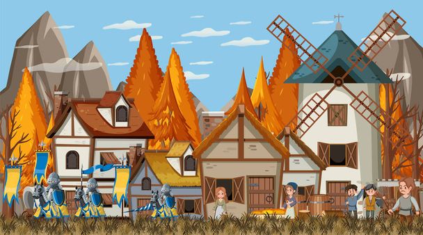Středověká městská scéna s ilustrací vesničanů - Vektor, obrázek