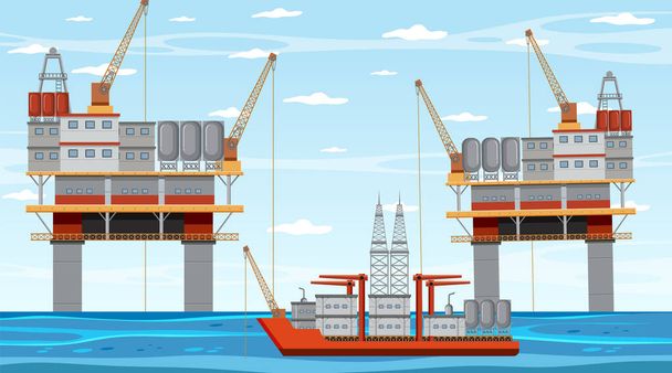 Концепция нефтяной промышленности с иллюстрацией морских нефтяных платформ - Вектор,изображение