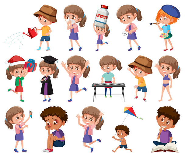 Conjunto de crianças fazendo diferentes atividades em fundo branco ilustração - Vetor, Imagem