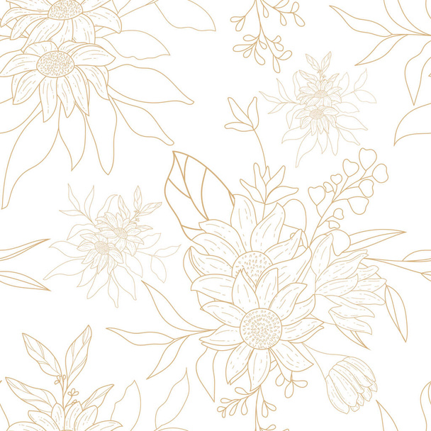 Elegant hand drawn golden floral seamless pattern - Vector, Image