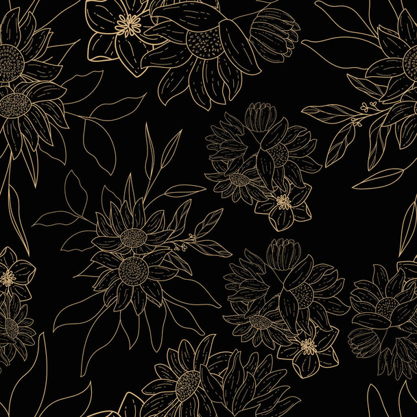 エレガントな手描きの黄金の花のシームレスなパターン - ベクター画像