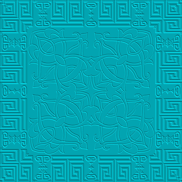 Floral embossed 3d seamless pattern. Greek textured light blue background. Vector repeat surface backdrop. Vintage emboss arabesque ornament. Relief flowers, square frame, greek key meanders, borders. - ベクター画像