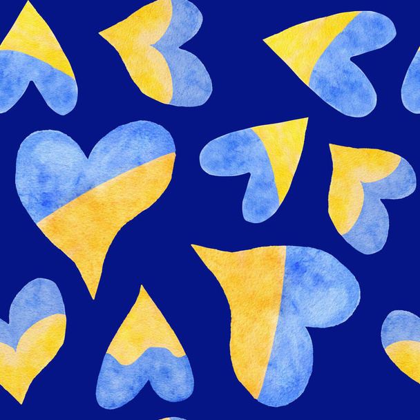 Seamless hand drawn pattern with Ukraine Ukrainian heart in blue yellow colors of UA flag, concept for charity support, stop war design. Pray for Ukraine print watercolor background, for textile - Фото, зображення