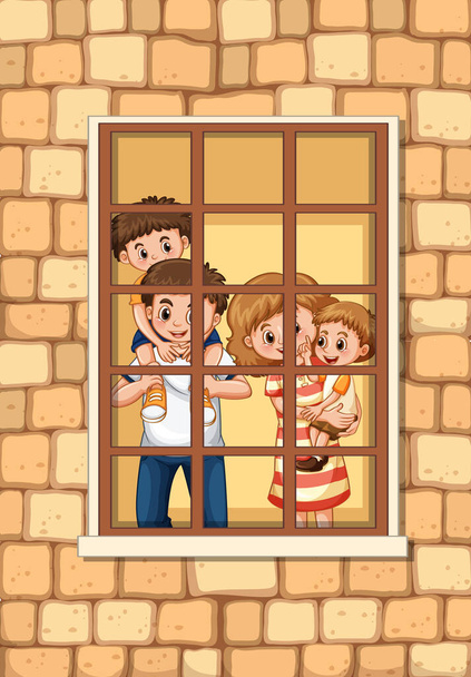 Προβολή μέσα από το παράθυρο της χαρούμενης οικογενειακής απεικόνισης - Διάνυσμα, εικόνα