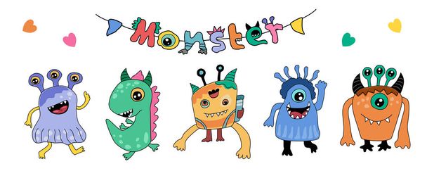Set van schattige monsterfiguren in kleurrijke doodle stijl voor kaarten, digitaal printen, t-shirt ontwerpen, kinderkleding ontwerpen, stickers, kleuterschool, plakboeken, en meer. - Vector, afbeelding