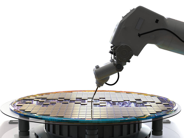 Fabricación de semiconductores con brazos robóticos de renderizado 3D con obleas de silicio - Foto, Imagen