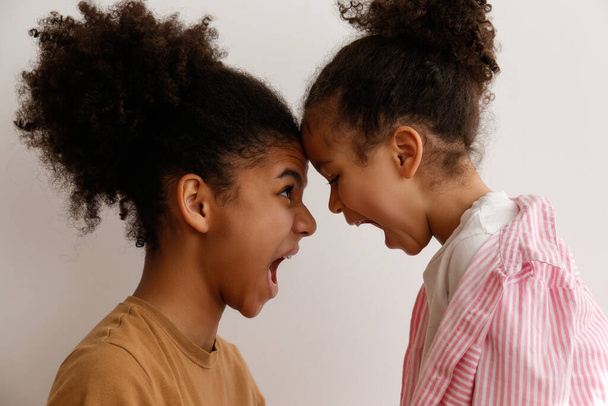 Younger and older sister in a state of emotional stress displeased with each other. Two black girls of different age arguing. Black female siblings having a fight. Background, copy space, close up. - Фото, изображение