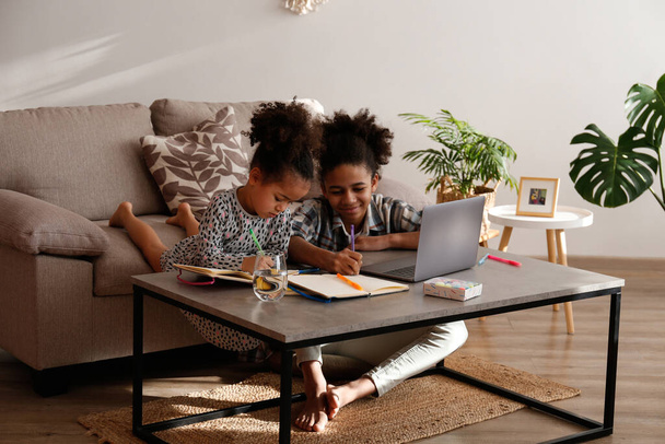 Two beautiful black girls of different age on a video call at home. Loving sisters sitting together by the table with laptop. Interior background, close up, copy space. - Foto, Imagem