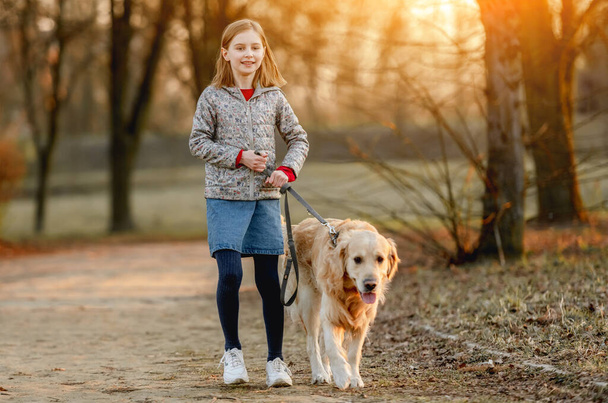 Preteen girl with golden retriever dog - Foto, Imagem