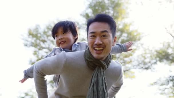 νεαρός ασιάτης πατέρας διασκεδάζει με το γιο του έξω στο πάρκο - Πλάνα, βίντεο