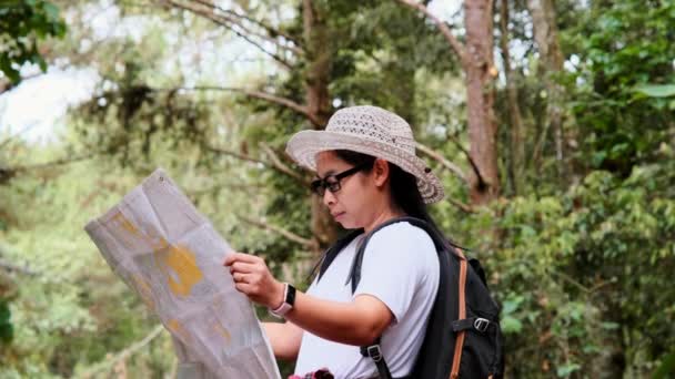 Boldog fiatal turista nő hátizsákkal egy trópusi erdőben. A női turista megtalálja a sétautat a térképen, miközben utazik az erdőben. - Felvétel, videó