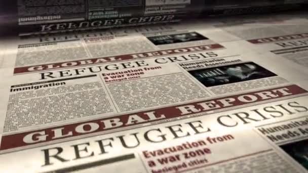 Menekültügyi válság és humanitárius segítségnyújtás napilapok tekercsnyomtatása. Absztrakt koncepció 3d teszi zökkenőmentes hurkos animáció. - Felvétel, videó