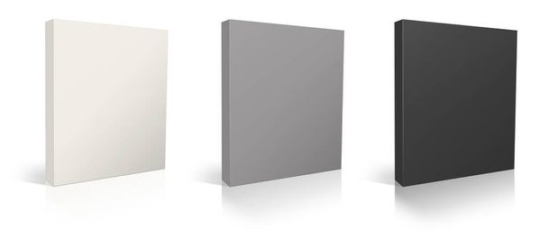 Три ящика программного обеспечения пустой шаблон белый, серый и черный для оформления презентаций и дизайна. 3D рендеринг. Цифровое изображение. Изолированный на белом фоне. - Фото, изображение