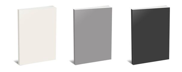 Τρία χάρτινα βιβλία κενό πρότυπο λευκό, γκρι και μαύρο για τις διατάξεις παρουσίασης και το σχεδιασμό. 3D απόδοση. Ψηφιακά παραγόμενη εικόνα. Απομονωμένα σε λευκό φόντο. - Φωτογραφία, εικόνα