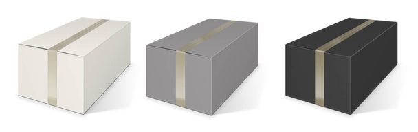 Drei Shipping Box Leervorlagen weiß, grau und schwarz für Präsentationslayouts und Design. 3D-Rendering. Digital generiertes Bild. Isoliert auf weißem Hintergrund. - Foto, Bild