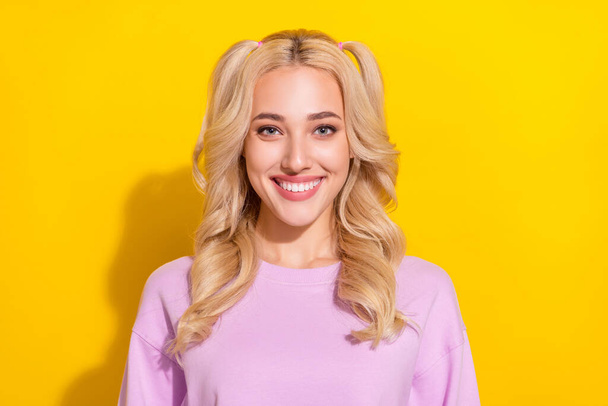 Photo of satisfied glad person toothy beaming smile look camera isolated on yellow color background - Φωτογραφία, εικόνα