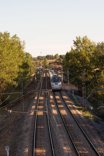 Double via the circulating a passenger train white, in summer, the trees, with the rear lights on, and dusk  - Photo, Image
