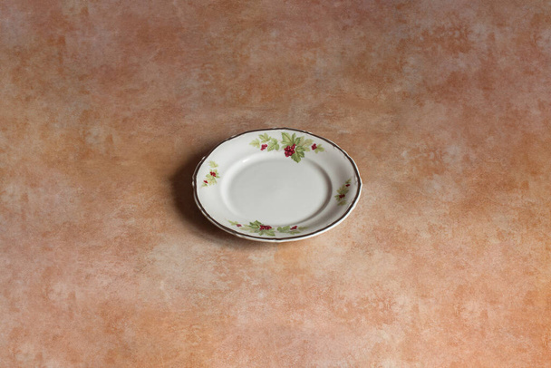 Classic plate isolated and hand-painted with decorative vineyard elements on a background of textured marble, and pastel color with some splattered paint stains and dirt. Food and tableware. - Photo, Image