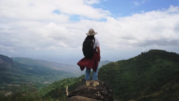 Mochilero mujer excursionista se encuentra en la cima de la montaña con los brazos levantados y disfrutar de la vista. viaje y concepto de éxito - Metraje, vídeo