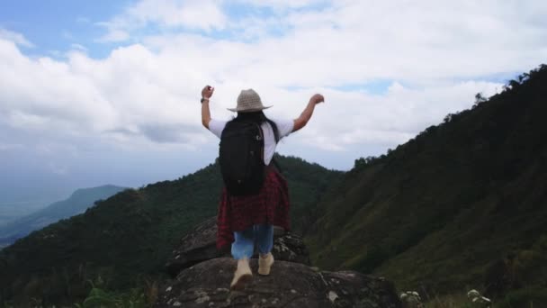 Sırt çantalı bayan yürüyüşçü kollarını kaldırarak dağın tepesinde duruyor ve manzaranın tadını çıkarıyor. yolculuk ve başarı kavramı - Video, Çekim