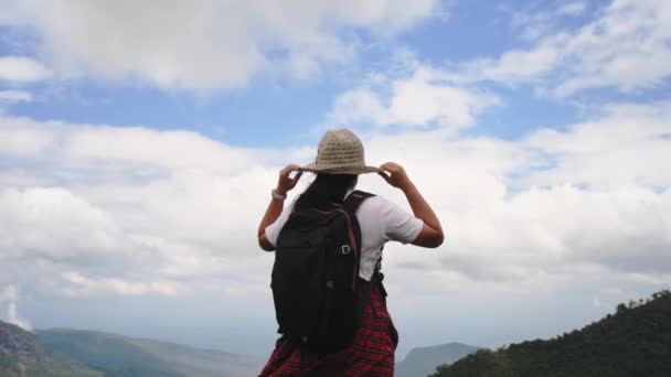 hipster nő kalap pihentető a természetben a nyaralás és élvezi a természet hegyi háttér - Felvétel, videó