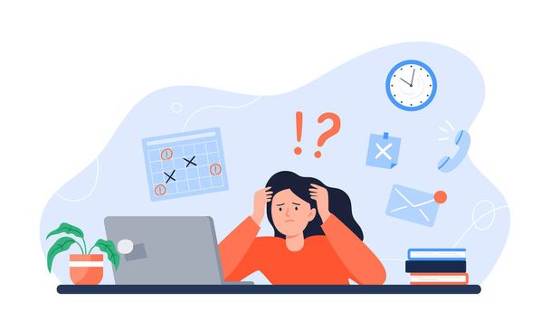 Kimerült nő ül a munkahelyén egy számítógéppel. Szabadúszó stresszes a sok munka miatt. Érzelmi kiégés koncepció. Hosszú munkanap az irodában. Vektor színes lapos illusztráció. - Vektor, kép