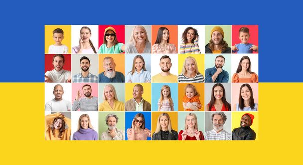 Retratos de muchas personas diferentes contra la bandera de Ucrania - Foto, Imagen