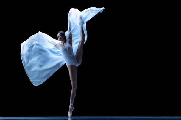 Graceful classic ballerina dancing with weightless fabric isolated on black studio background in neon. Theater, art, beauty, grace, action and motion concept. - 写真・画像