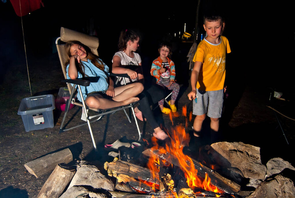 Children rest in nature by the fire. Children bask by the fire at night and fry marshmallows. - Fotografie, Obrázek