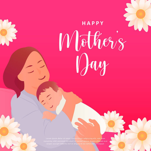 Χαρούμενη μητέρα ημέρα κινουμένων σχεδίων μαμά κρατώντας το μωρό με φόντο μαργαρίτα λουλούδι - Διάνυσμα, εικόνα