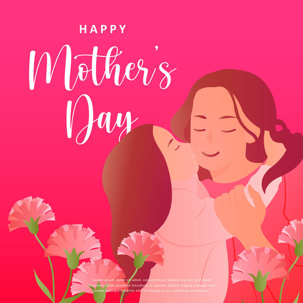 Anneler günün kutlu olsun çizgi film kızı anne karanfil çiçeğini öpüyor. - Vektör, Görsel