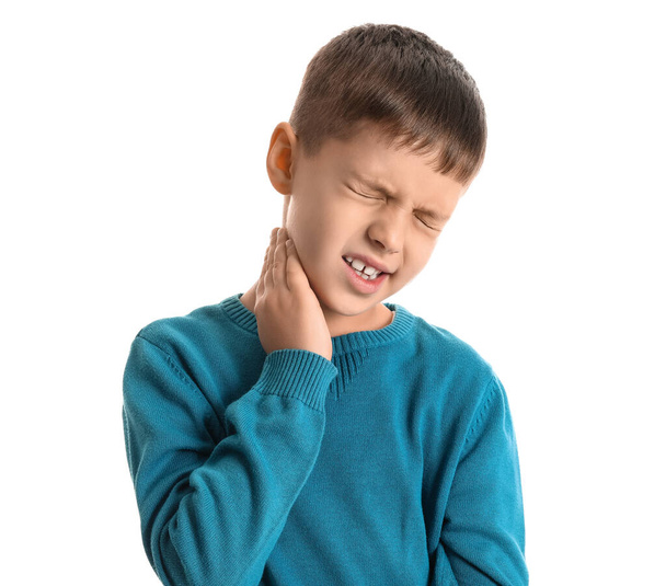 Ill little boy with sore throat on white background - Photo, Image