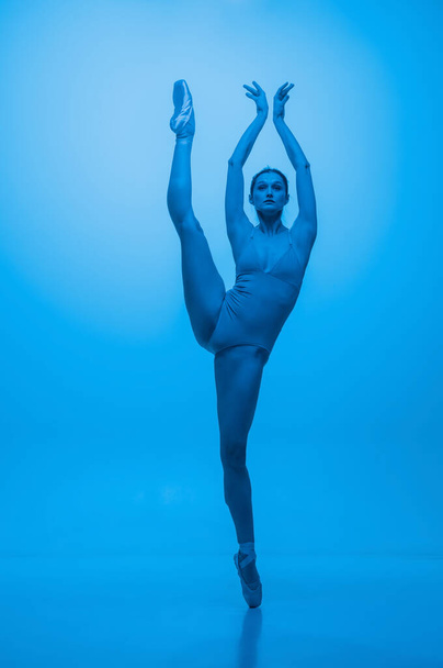 Grace. Young and graceful ballet dancer isolated on blue studio background in neon light. Art, flexibility, inspiration concept. - Fotografie, Obrázek