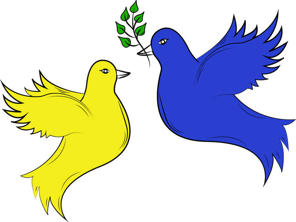 illustration of peaceful blue and yellow doves isolated on white - Vector, Image
