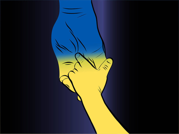 Illustration von Kind und Erwachsenem Händchenhalten mit den Farben der ukrainischen Flagge auf dunklem Hintergrund - Vektor, Bild