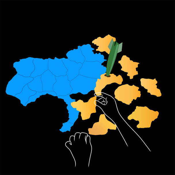 απεικόνιση των χεριών κοντά σε ουκρανικό έδαφος και βομβιστική επίθεση που απομονώνονται σε μαύρο  - Διάνυσμα, εικόνα